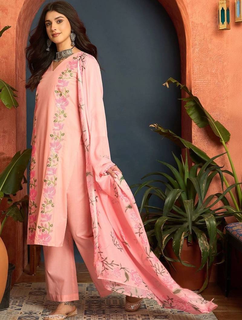 women cotton floral embroidered thread work kurta with palazzos & dupatta