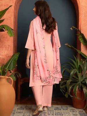 women cotton floral embroidered thread work kurta with palazzos & dupatta 4