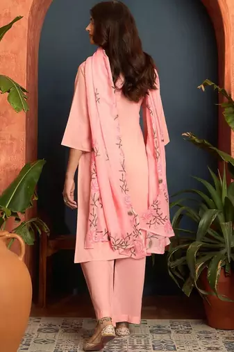 women cotton floral embroidered thread work kurta with palazzos & dupatta