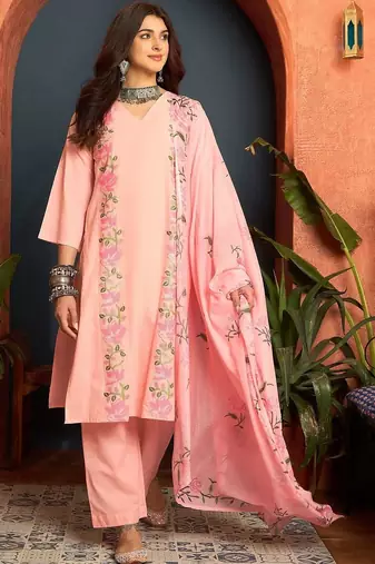 women cotton floral embroidered thread work kurta with palazzos & dupatta