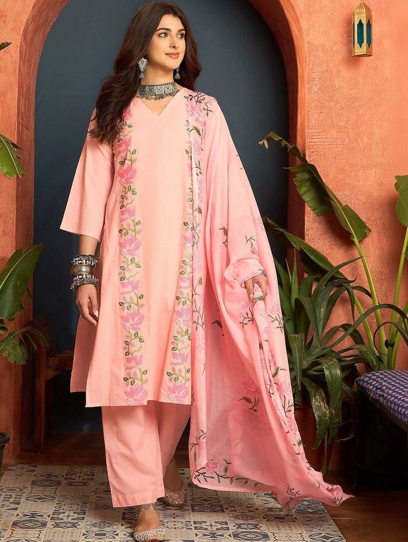 women cotton floral embroidered thread work kurta with palazzos & dupatta