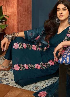 women cotton floral embroidered thread work kurta with palazzos & dupatta 2