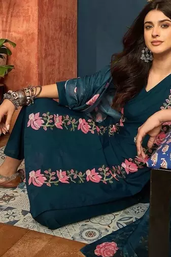 women cotton floral embroidered thread work kurta with palazzos & dupatta