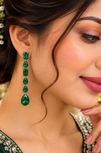 Green ad & agate stone earrings | rhodium plated