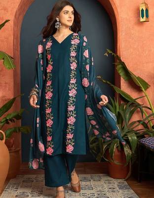 women cotton floral embroidered thread work kurta with palazzos & dupatta 1