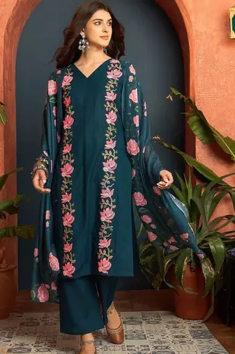 women cotton floral embroidered thread work kurta with palazzos & dupatta
