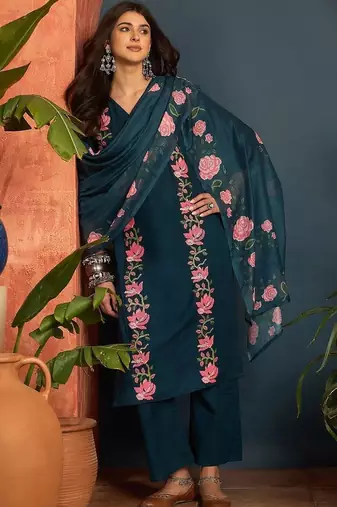 women cotton floral embroidered thread work kurta with palazzos & dupatta