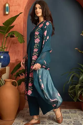 women cotton floral embroidered thread work kurta with palazzos & dupatta