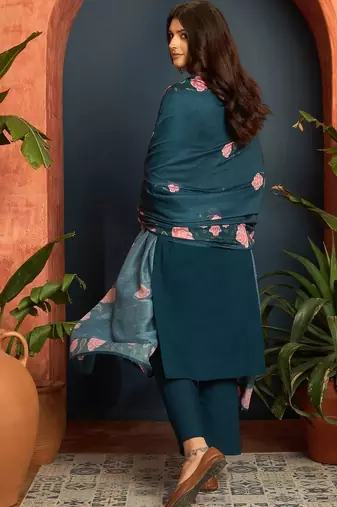 women cotton floral embroidered thread work kurta with palazzos & dupatta