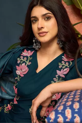 women cotton floral embroidered thread work kurta with palazzos & dupatta