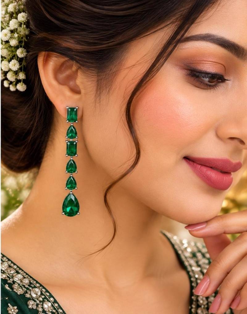 Green ad & agate stone earrings | rhodium plated