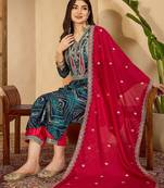 women leheriya dyed regular thread work kurta with trousers & with dupatta