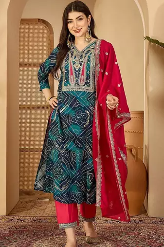 women leheriya dyed regular thread work kurta with trousers & with dupatta