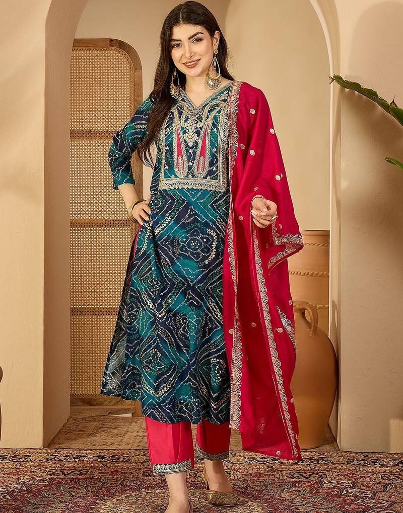 women leheriya dyed regular thread work kurta with trousers & with dupatta