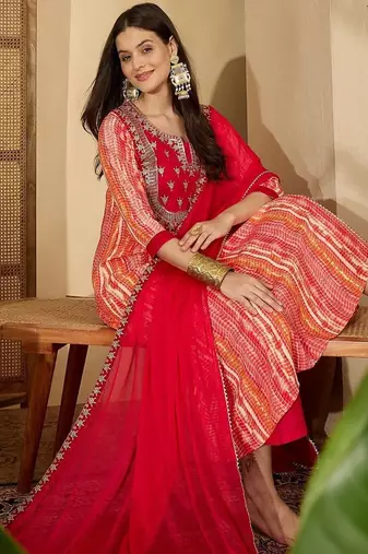 women ethnic motifs printed empire thread work kurta with trousers & with dupatta