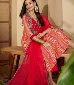 women ethnic motifs printed empire thread work kurta with trousers & with dupatta
