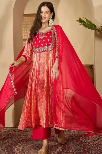 women ethnic motifs printed empire thread work kurta with trousers & with dupatta