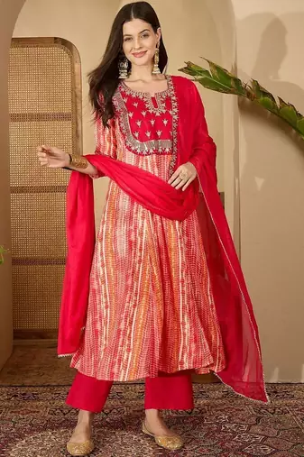 women ethnic motifs printed empire thread work kurta with trousers & with dupatta