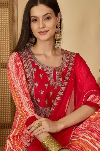 women ethnic motifs printed empire thread work kurta with trousers & with dupatta