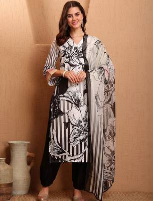 women floral printed regular thread work kurta with trousers & with dupatta 1