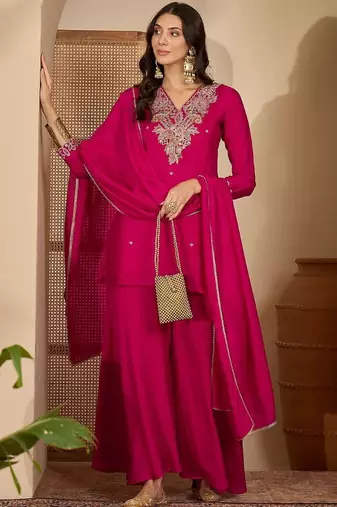 women ethnic motifs embroidered regular thread work kurta with palazzos & with dupatta