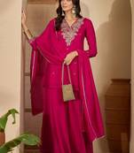 women ethnic motifs embroidered regular thread work kurta with palazzos & with dupatta