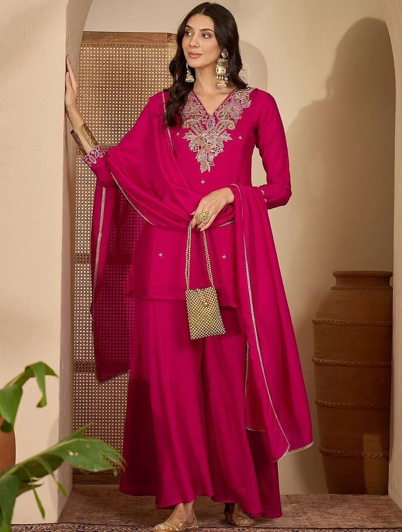 women ethnic motifs embroidered regular thread work kurta with palazzos & with dupatta
