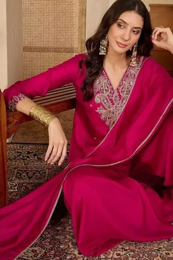women ethnic motifs embroidered regular thread work kurta with palazzos & with dupatta