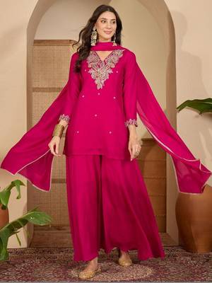 women ethnic motifs embroidered regular thread work kurta with palazzos & with dupatta 3