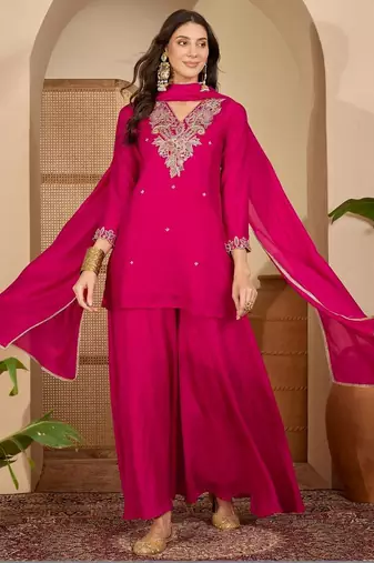 women ethnic motifs embroidered regular thread work kurta with palazzos & with dupatta