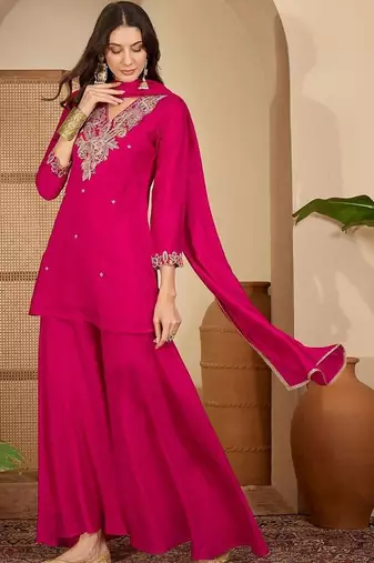 women ethnic motifs embroidered regular thread work kurta with palazzos & with dupatta
