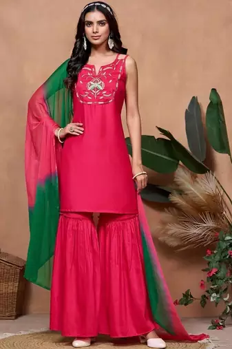 women ethnic motifs embroidered regular thread work kurta with sharara & with dupatta