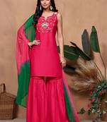 women ethnic motifs embroidered regular thread work kurta with sharara & with dupatta