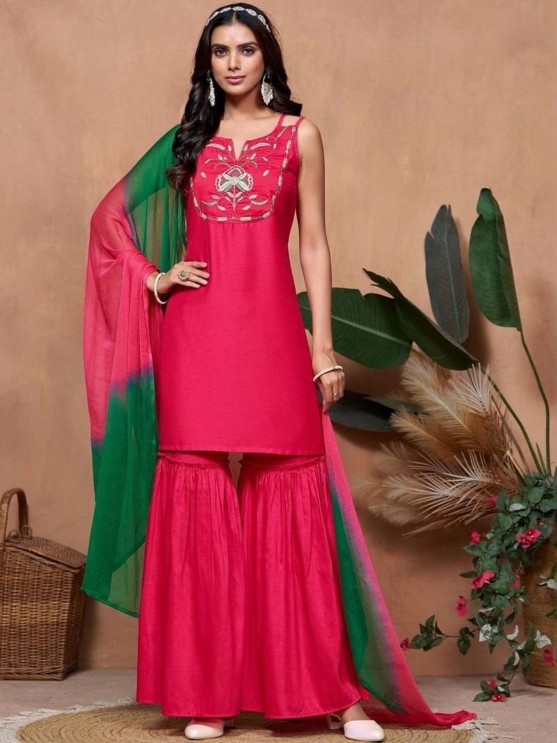 women ethnic motifs embroidered regular thread work kurta with sharara & with dupatta