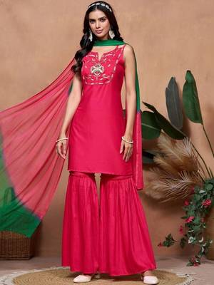 women ethnic motifs embroidered regular thread work kurta with sharara & with dupatta 2