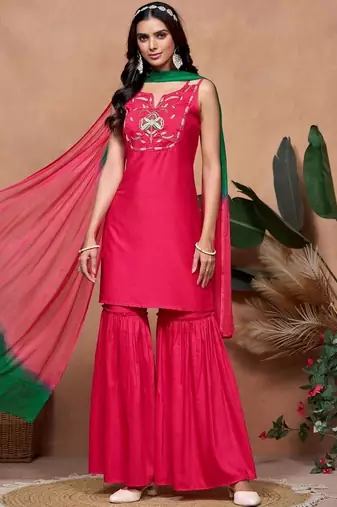 women ethnic motifs embroidered regular thread work kurta with sharara & with dupatta