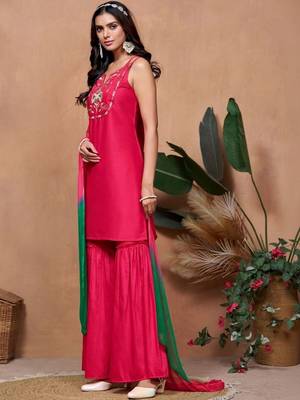 women ethnic motifs embroidered regular thread work kurta with sharara & with dupatta 4