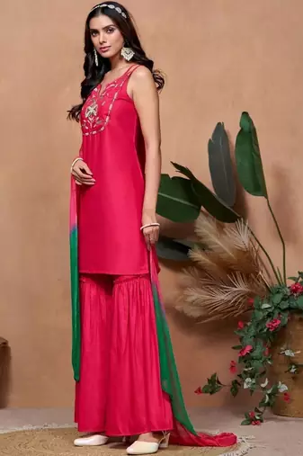 women ethnic motifs embroidered regular thread work kurta with sharara & with dupatta