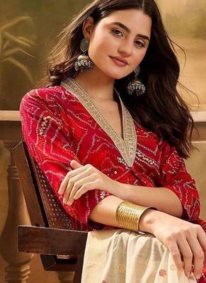 women bandhani printed regular gotta patti kurta with trousers & with dupatta 2
