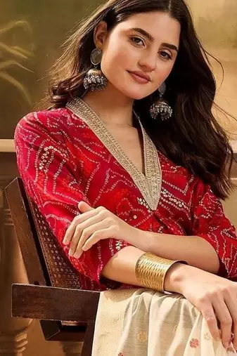 women bandhani printed regular gotta patti kurta with trousers & with dupatta