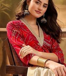women bandhani printed regular gotta patti kurta with trousers & with dupatta