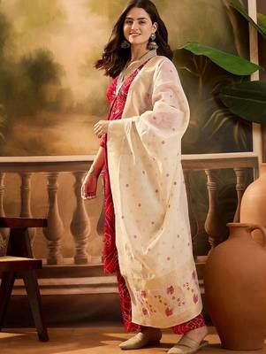 women bandhani printed regular gotta patti kurta with trousers & with dupatta 3