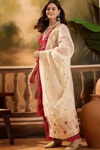 women bandhani printed regular gotta patti kurta with trousers & with dupatta