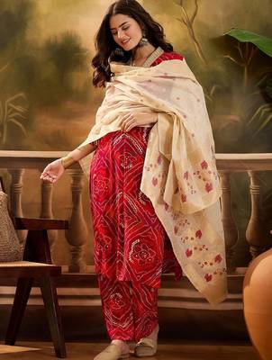 women bandhani printed regular gotta patti kurta with trousers & with dupatta 4
