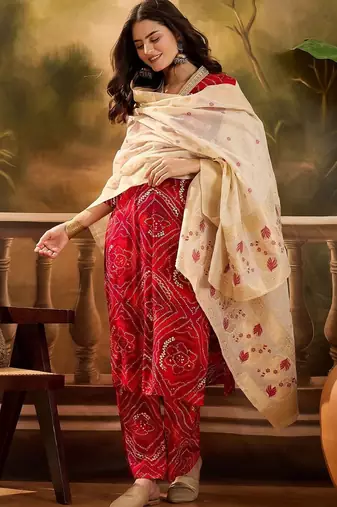 women bandhani printed regular gotta patti kurta with trousers & with dupatta