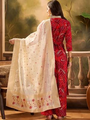 women bandhani printed regular gotta patti kurta with trousers & with dupatta 6