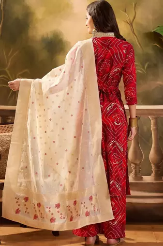women bandhani printed regular gotta patti kurta with trousers & with dupatta