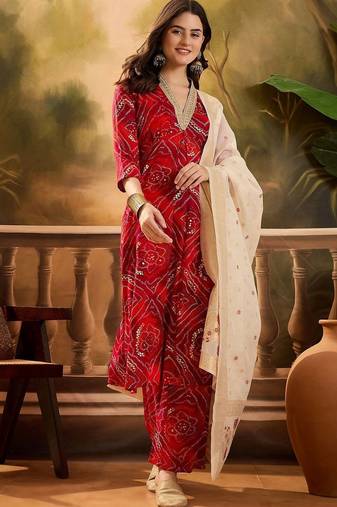 women bandhani printed regular gotta patti kurta with trousers & with dupatta