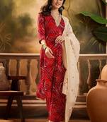 women bandhani printed regular gotta patti kurta with trousers & with dupatta