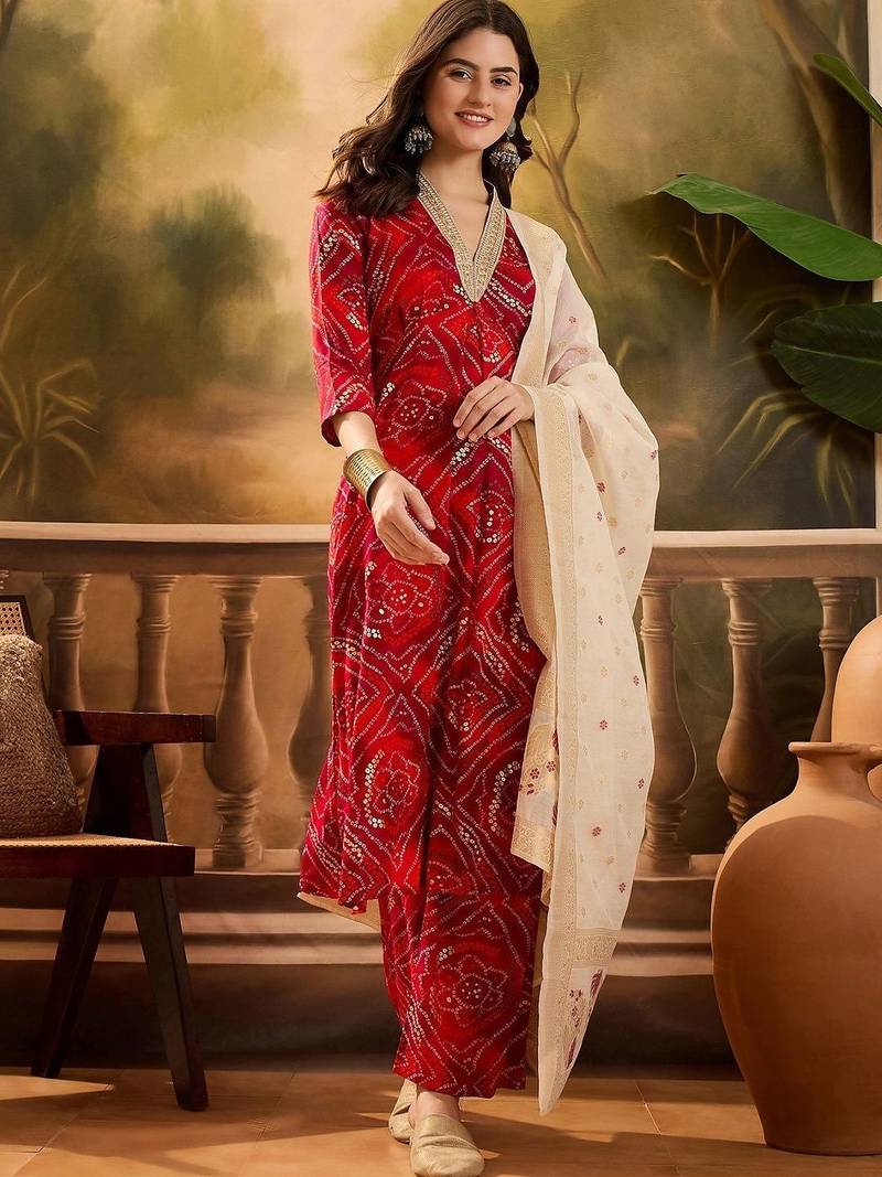 women bandhani printed regular gotta patti kurta with trousers & with dupatta